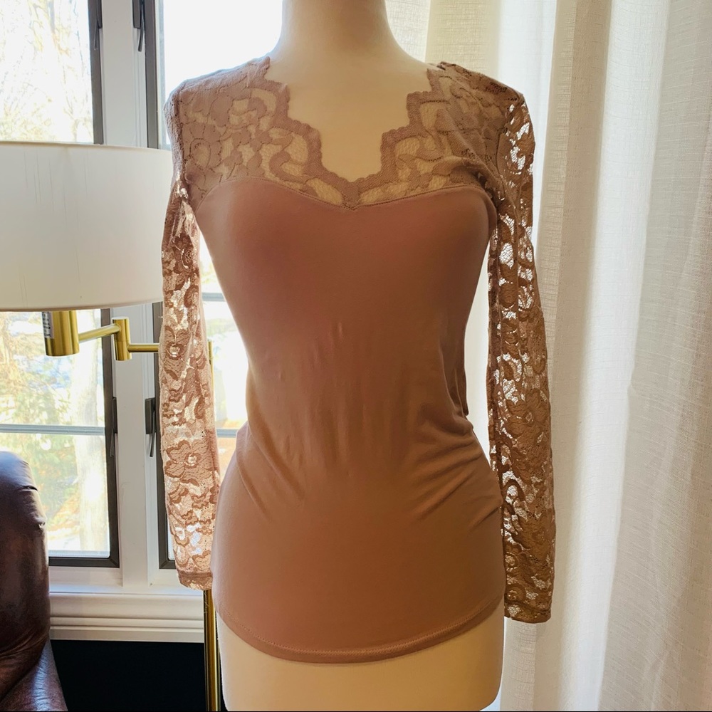 H&M Dusty Rose/Pink Spandex and Lace Long Sleeve Top S